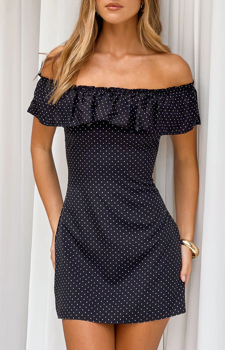 Haylie Black Polka Dot Off Shoulder Mini Dress Image