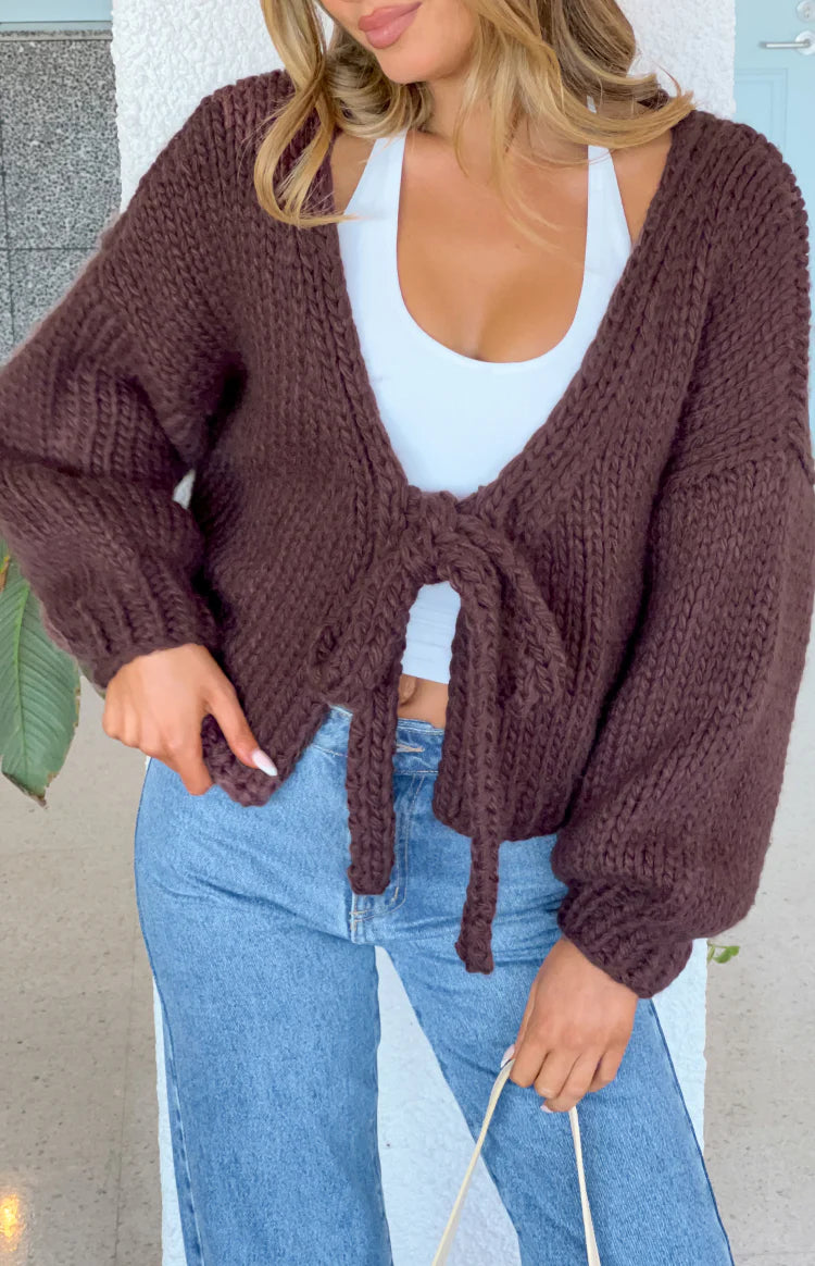 Holiday Chocolate Brown Tie Up Knit Cardigan Image