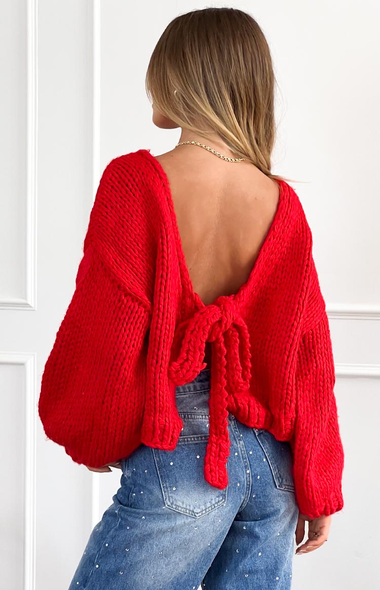 Holiday Red Tie Up Knit Cardigan Image