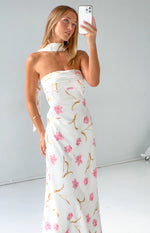 Icelynn Cream Floral Print Strapless Satin Maxi Dress Image