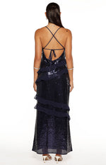 Inara Navy Sequin Ruffle Maxi Dress Image