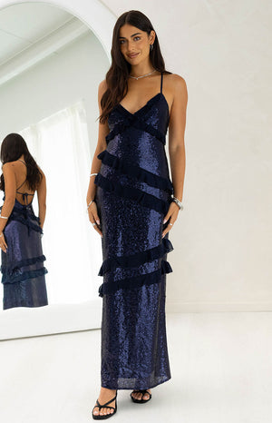 Inara Navy Sequin Ruffle Maxi Dress