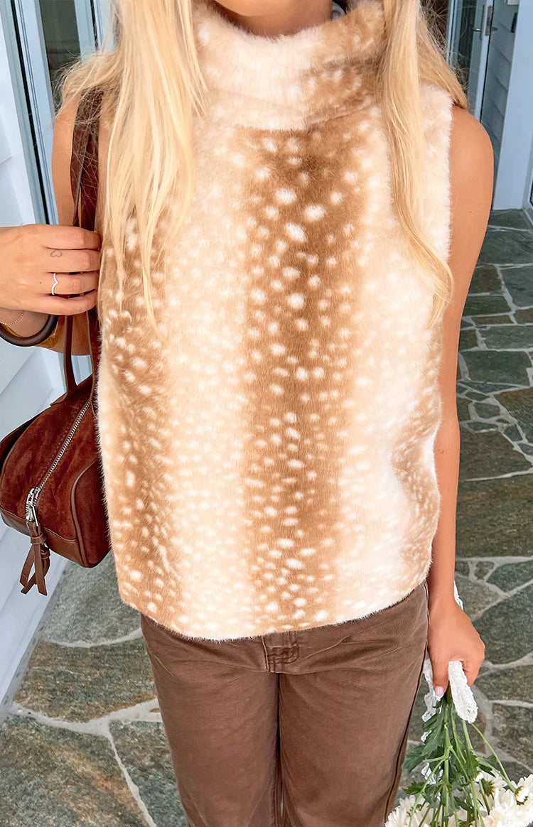 Isolde Brown Deer Print High Neck Fur Top Image