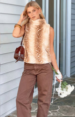 Isolde Brown Deer Print High Neck Fur Top Image