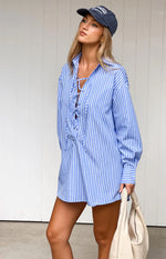 Jasper Blue Pinstripe Lace Up Shirt Dress Image