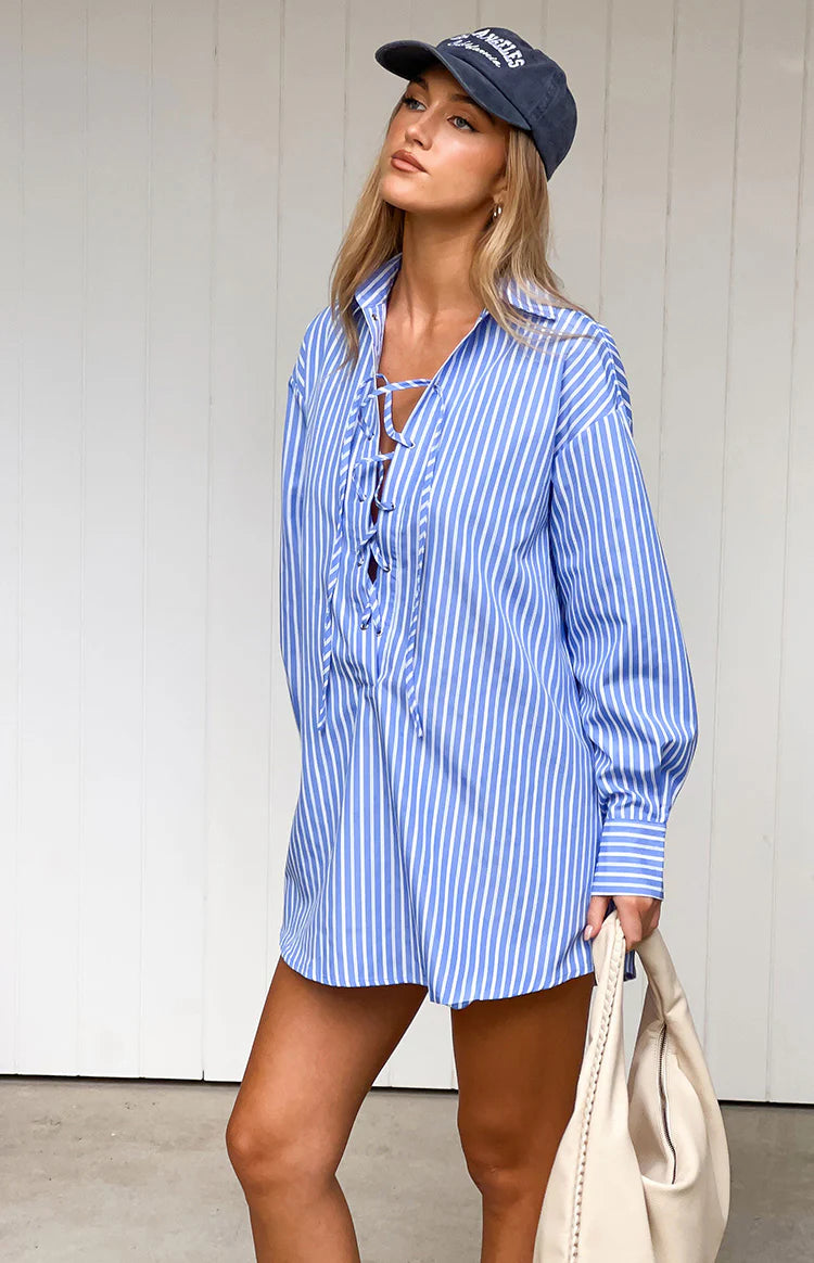Jasper Blue Pinstripe Lace Up Shirt Dress Image