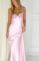 Jazzy Pink Contrast Rhinestone Satin Maxi Dress Image