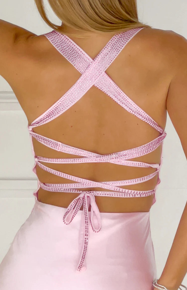 Jazzy Pink Contrast Rhinestone Satin Maxi Dress Image