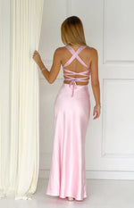 Jazzy Pink Contrast Rhinestone Satin Maxi Dress Image