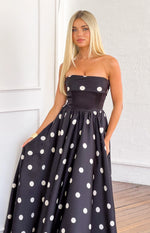 Julianne Strapless Polka Dot Satin Maxi Dress Image