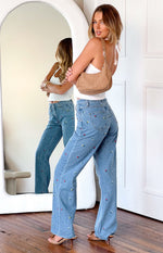 Kansis Blue Embroidered Uneven Waist Jeans Image