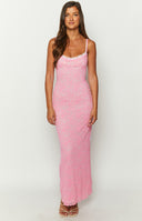 Pink lace maxi dress on blonde model