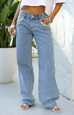 Kavira Light Wash Denim Diamante Trim Low Rise Jeans Image