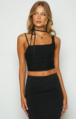Kelsey Black Tie Neck Mesh Top Image