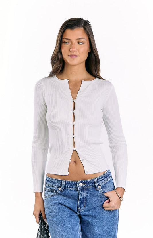 Beginning Boutique Kippy White Ribbed Knit Button Up Long Sleeve Sweater white ribbed knit fitted long sleeve button-up sweater with crew neck