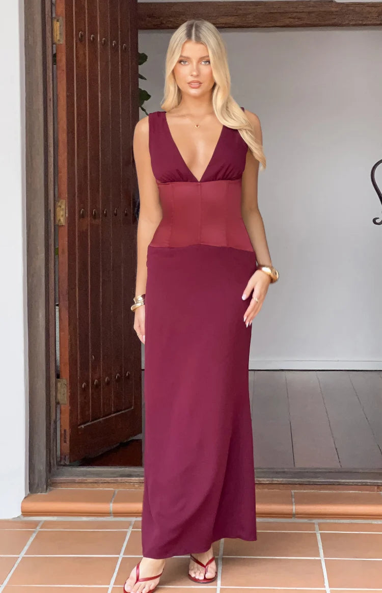 Lara Burgundy Contrast Satin Maxi Dress Image