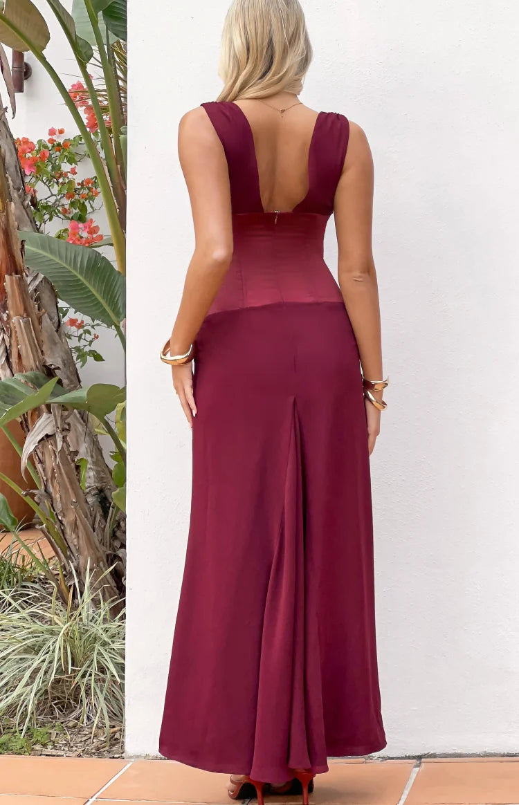 Lara Burgundy Contrast Satin Maxi Dress Image