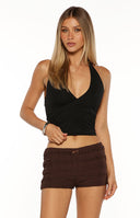 Beginning Boutique Leo Chocolate Micro Shorts chocolate brown micro shorts with a textured knit fabric and a wide studded belt