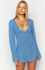 Li Blue Crochet Long Sleeve Mini Dress Image