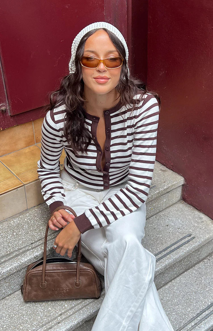Lottie Chocolate Stripe Round Neck Cardigan Image