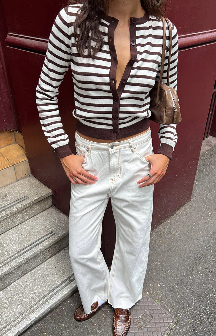 Lottie Chocolate Stripe Round Neck Cardigan Image