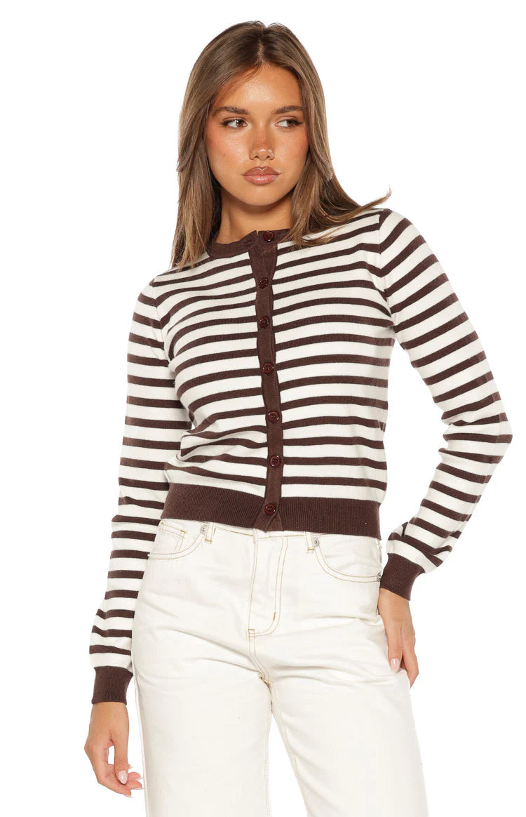 Lottie Chocolate Stripe Round Neck Cardigan Image