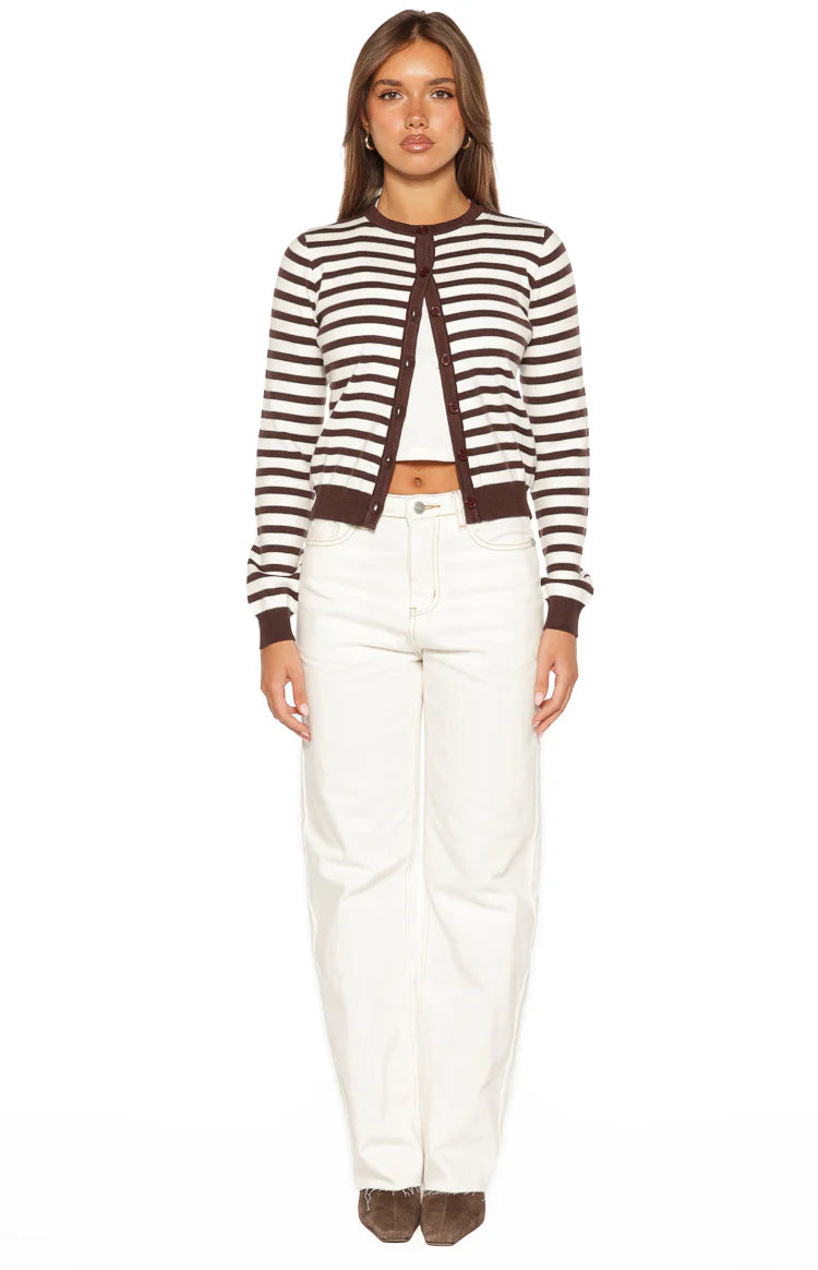 Lottie Chocolate Stripe Round Neck Cardigan Image