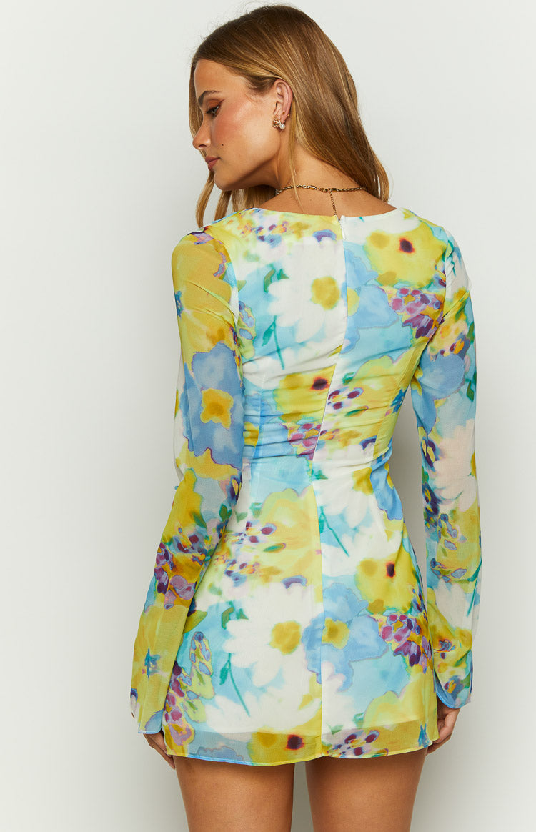 Lucy Blue Floral Long Sleeve Mini Dress Image
