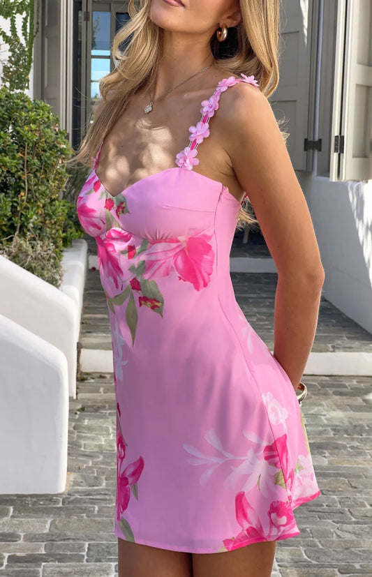 Marbelle Pink Floral Chiffon Party Mini Dress