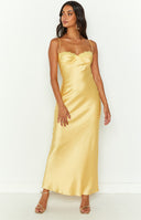 Beginning Boutique Mariana Yellow Lace Bust Midi Dress light yellow satin midi dress with lace trim sweetheart neckline and spaghetti straps