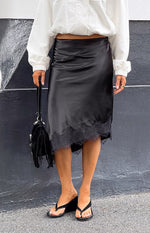 Martha Black Satin Lace Trim Midi Skirt Image