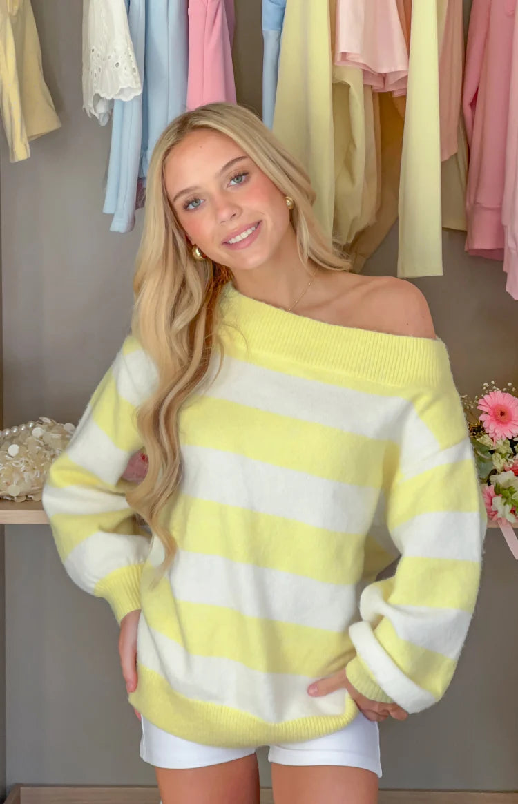Millie Yellow Stripe Off Shoulder Knit Sweater Image
