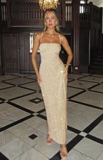 Miranda Gold Velvet Formal Maxi Dress Image