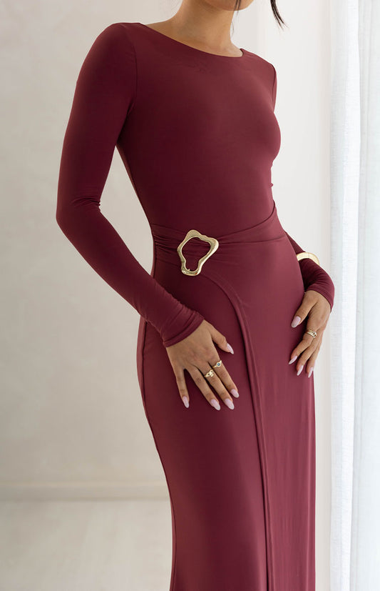 Misaki Burgundy Long Sleeve Wrap Maxi Dress