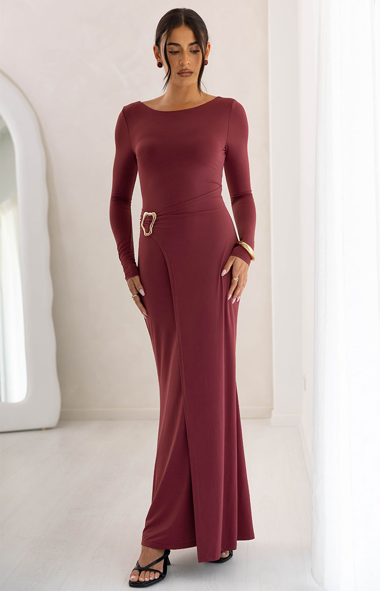 Misaki Burgundy Long Sleeve Wrap Maxi Dress Image