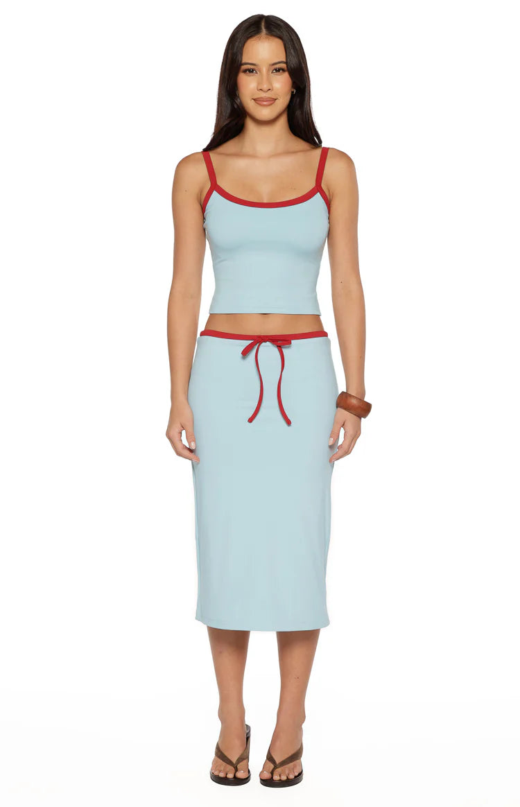 Myles Blue Tie Waist Jersey Midi Skirt Image
