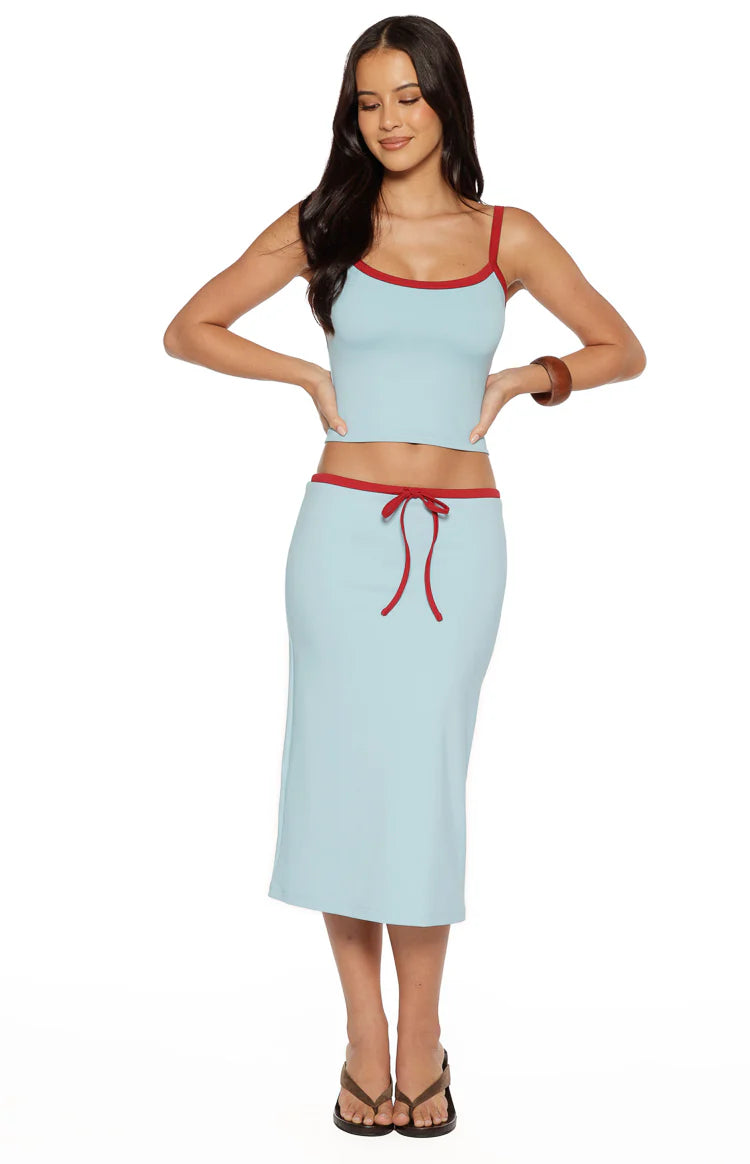 Myles Blue Tie Waist Jersey Midi Skirt Image