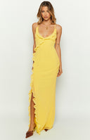 Beginning Boutique Nahanee Yellow Ruffle Maxi Dress yellow V-neck spaghetti strap maxi dress with ruffles down the side and a slit