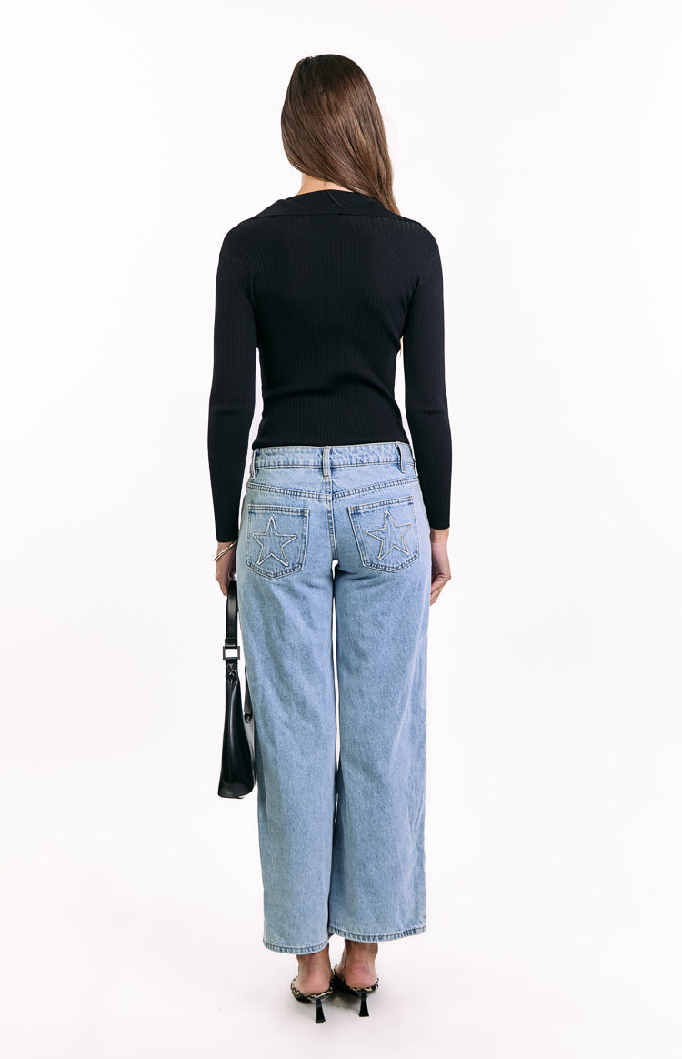 Nina Black Ribbed Knit Long Sleeve Sweater Image