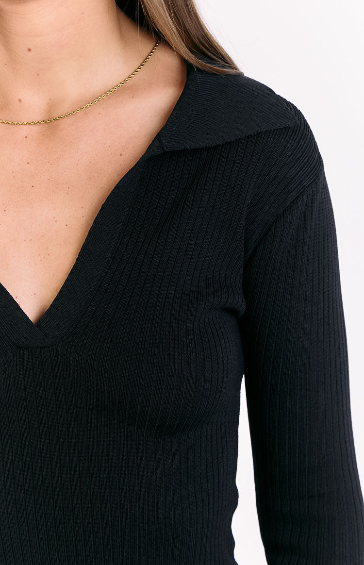 Nina Black Ribbed Knit Long Sleeve Sweater Image