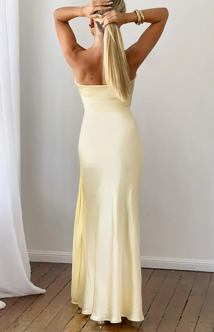 Novie Yellow Tie Detail Satin Strapless Maxi Dress Image