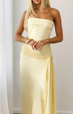 Novie Yellow Tie Detail Satin Strapless Maxi Dress Image