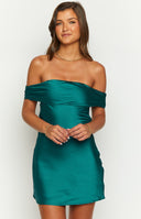 Teal off-the-shoulder Satin Mini Dress