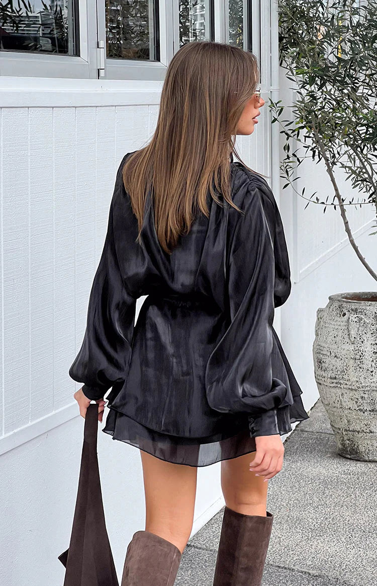 Quinton Black Satin Long Sleeve Tie Mini Dress Image