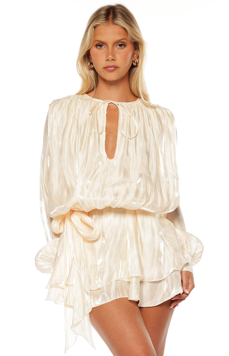 Quinton Pearl Satin Long Sleeve Tie Mini Dress Image