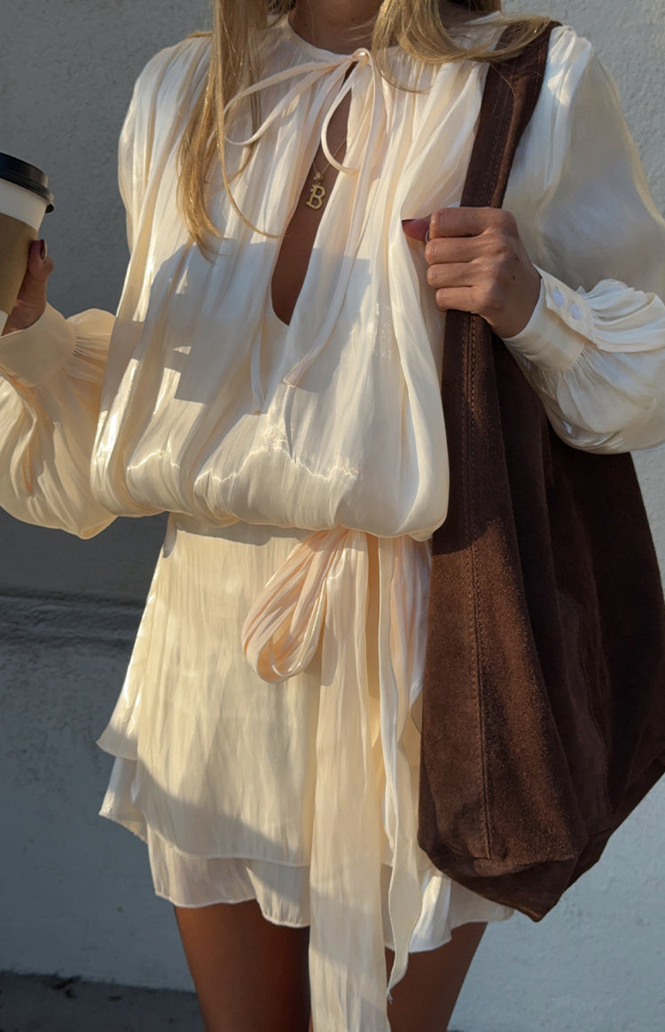 Quinton Pearl Satin Long Sleeve Tie Mini Dress Image