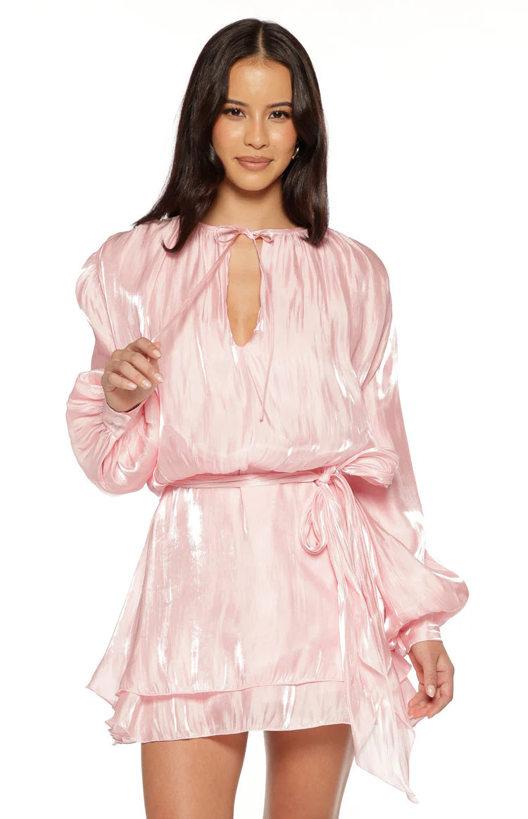 Quinton Pink Satin Long Sleeve Tie Mini Dress Image