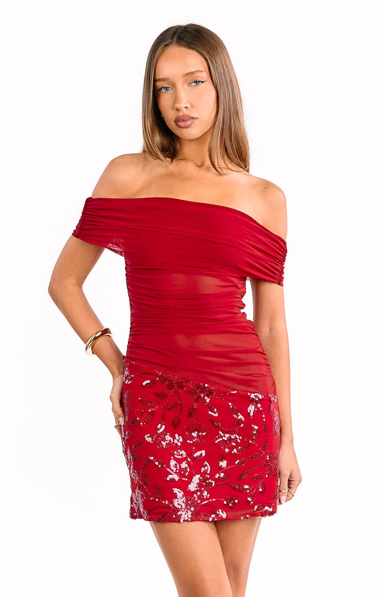 Rhea Red Sequin Mesh Mini Dress Image