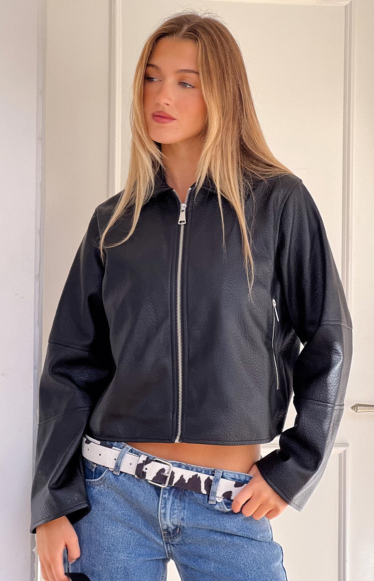 Rockie Black PU Pebbled Cropped Jacket Image