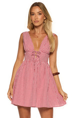 Saffron Red Gingham Tie Mini Dress Image